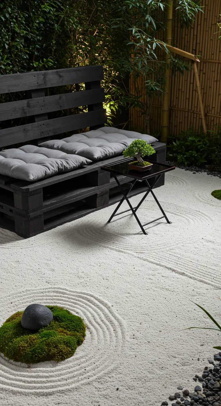 Banco de palets negro con cojines grises en un jardín zen con arena blanca rastrillada y bambú.