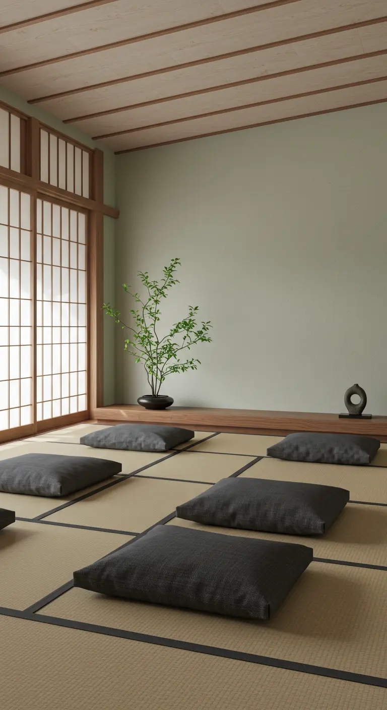 Sala de meditación de estilo japonés con paredes verde salvia y cojines en el suelo.