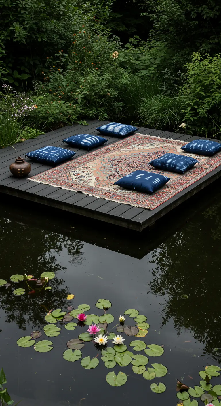 Tarima de madera sobre un estanque con una alfombra persa y cojines azules para meditar.