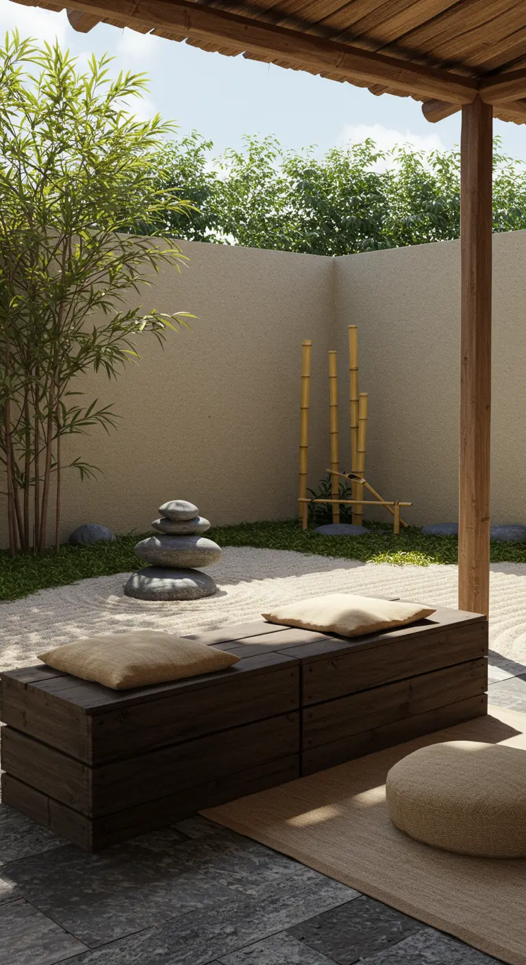 Banco bajo de madera oscura con cojines beige en un jardín Zen con arena rastrillada y bambú.