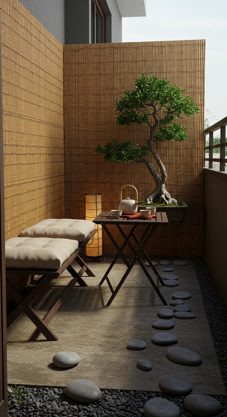 Rincón zen en balcón con mesa baja plegable, cojines y un bonsái sobre estera de bambú.