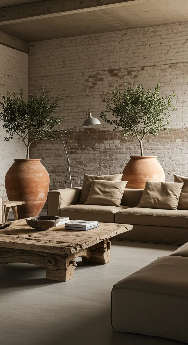 Salón con pared de ladrillo visto, grandes macetas de terracota con olivos y sofá beige.