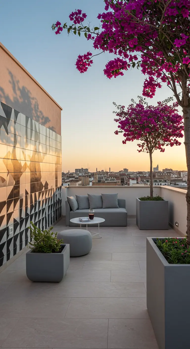 Terraza moderna en una azotea con un gran mural de azulejos geométricos en blanco y negro y una buganvilla.