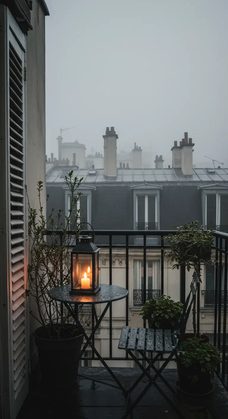 Un balcón parisino en un día de niebla, con un farol encendido sobre una mesa de bistró.
