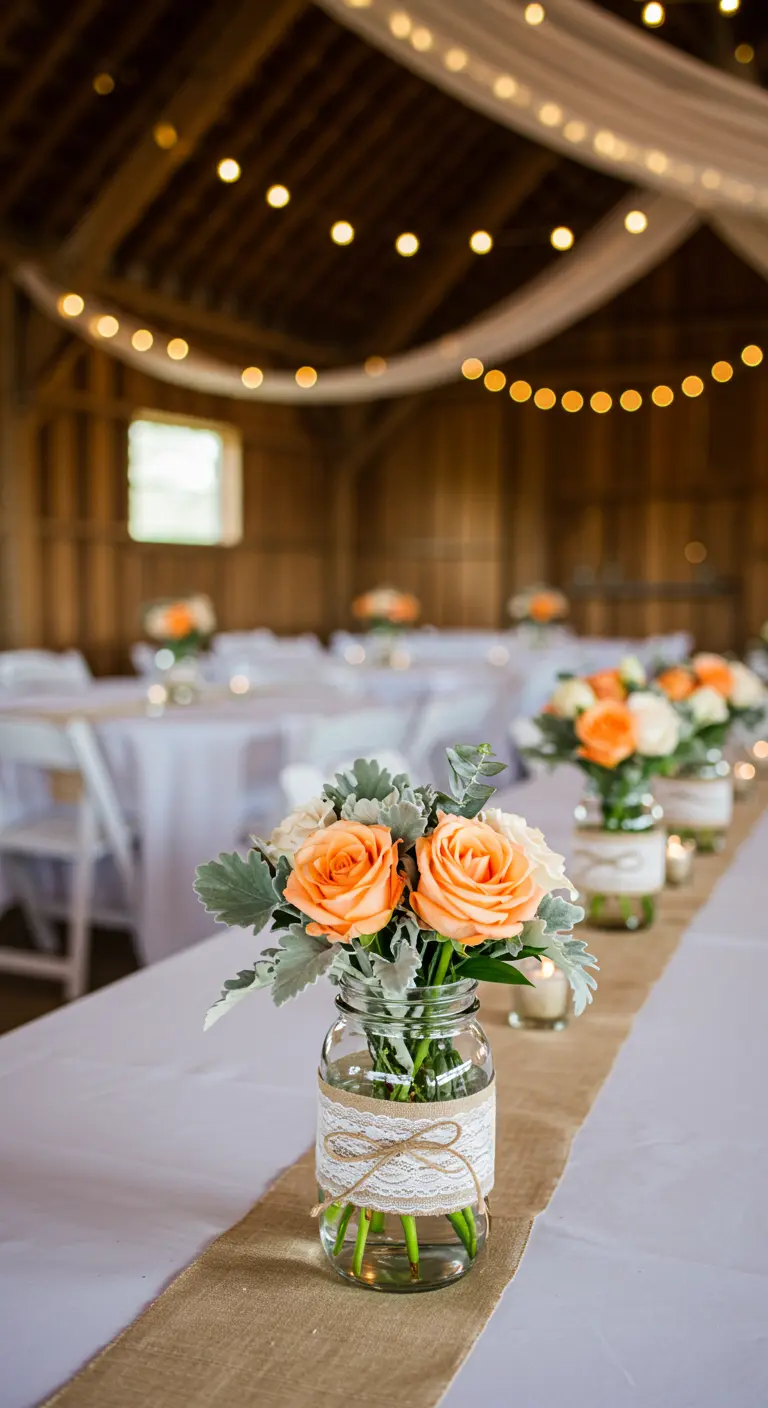 Centro de mesa con rosas melocotón y cinera en un tarro de cristal con encaje.