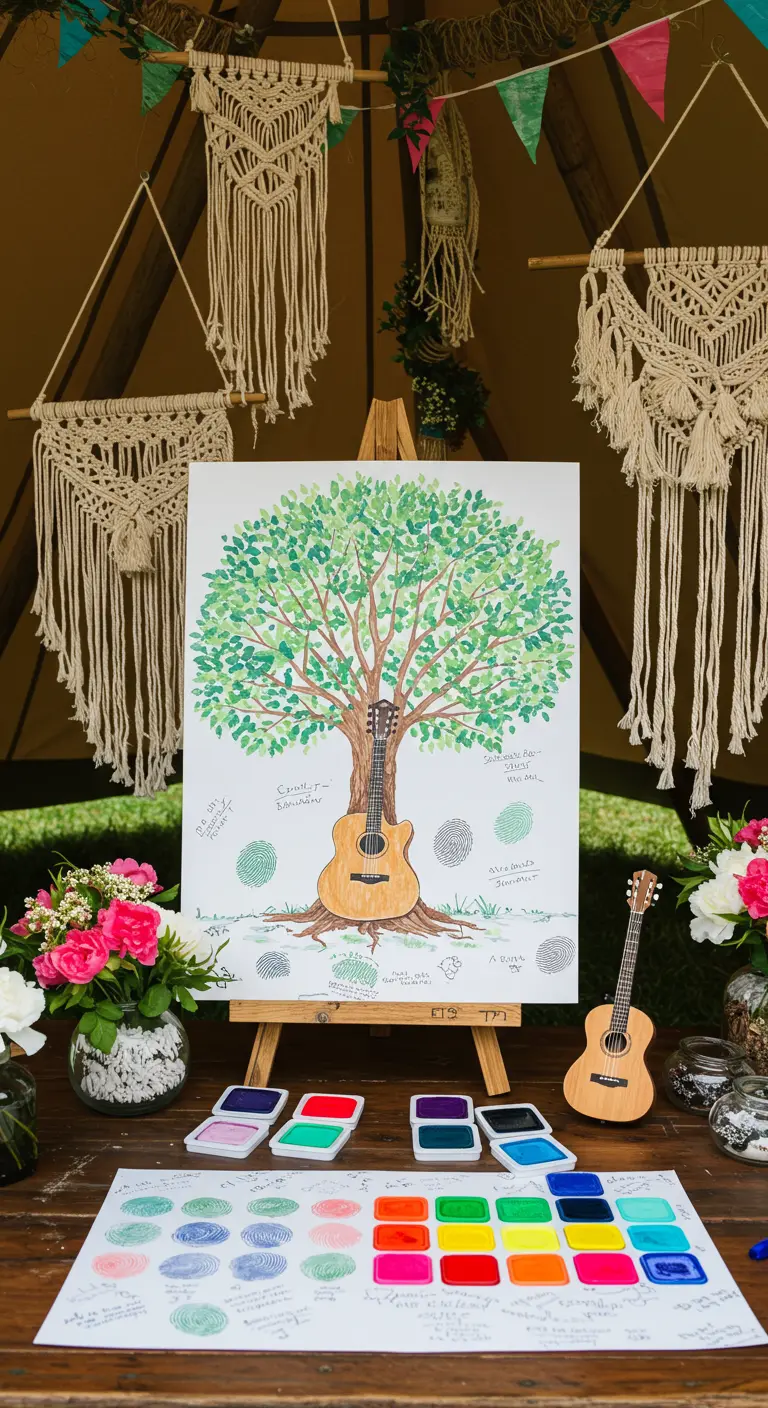Árbol de huellas con una guitarra como tronco en una carpa de estilo bohemio.