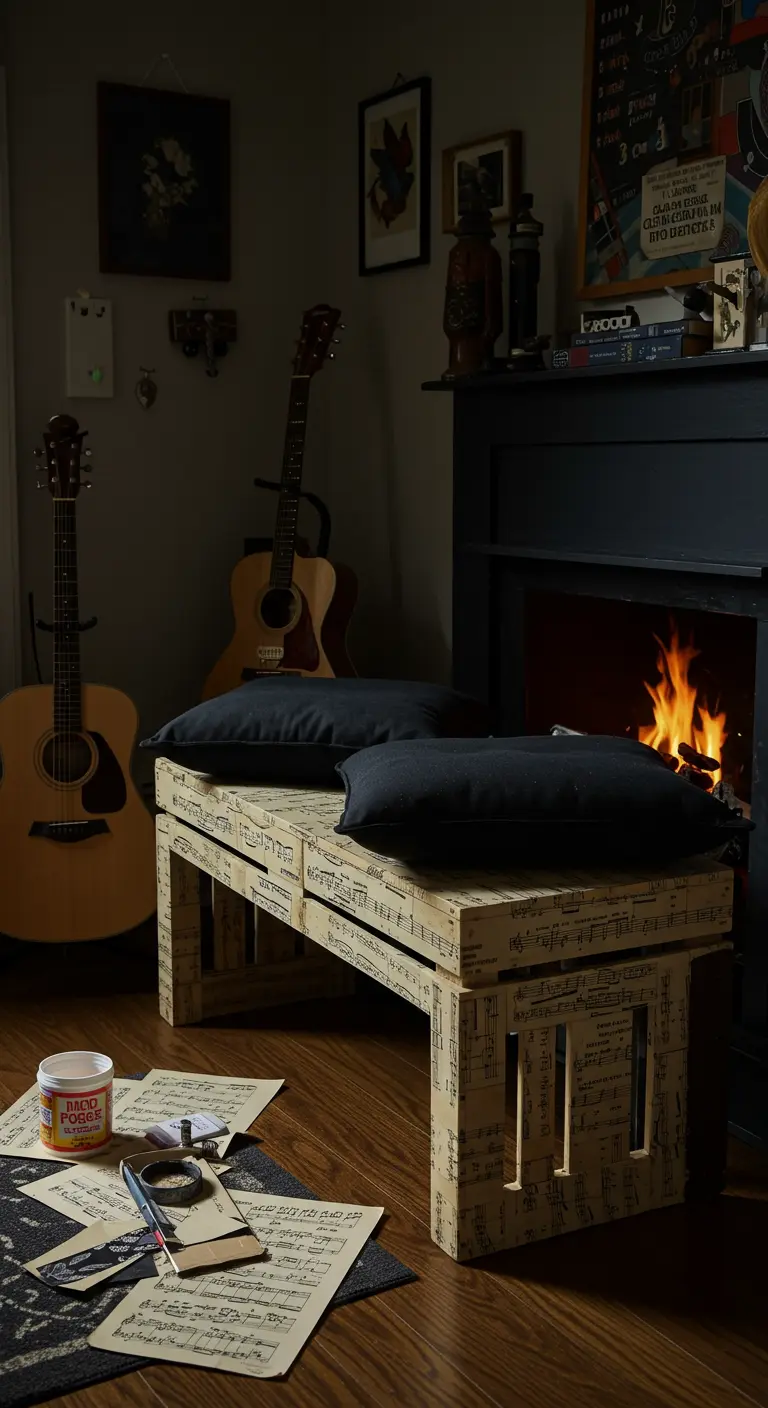 Banco de madera decorado con partituras musicales mediante decoupage, en un rincón con guitarras y una chimenea.