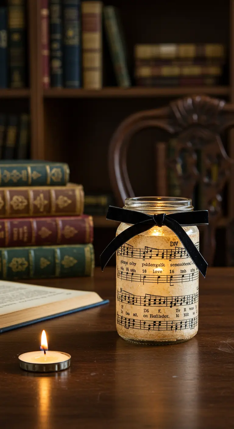 Portavelas hecho con un frasco envuelto en una partitura musical antigua y un lazo de terciopelo negro.