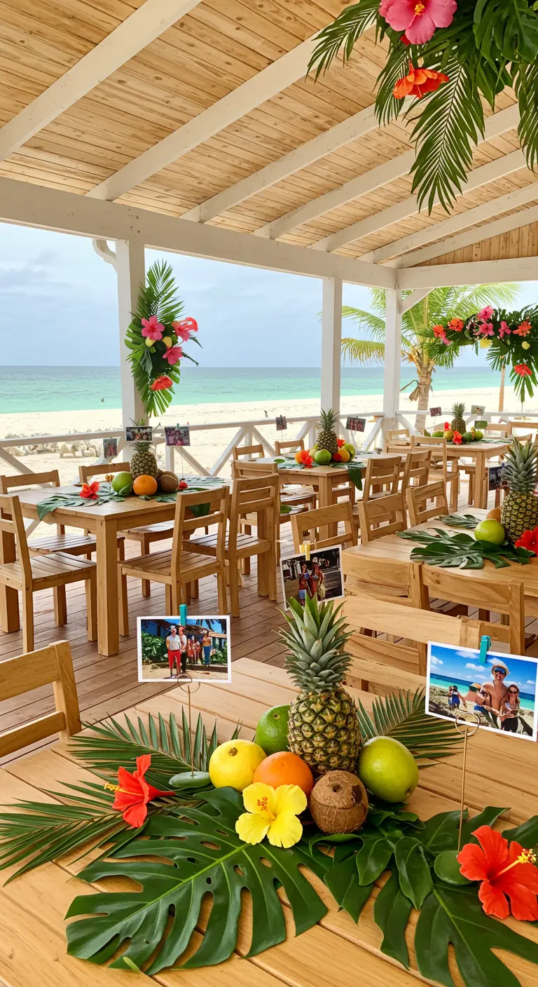Mesa de madera en la playa con centro de frutas tropicales y fotos sujetas con pinzas.