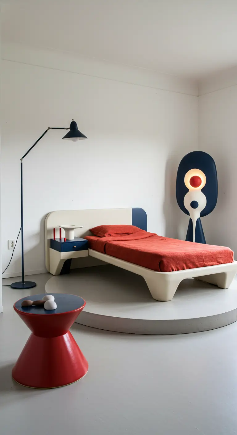 Dormitorio minimalista de los 80 con muebles de diseño Memphis en colores primarios.