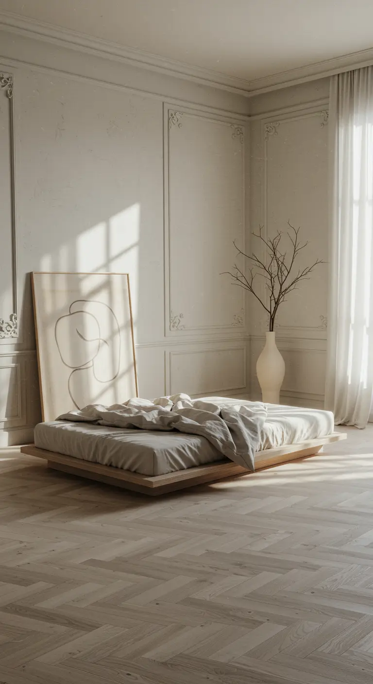 Dormitorio parisino minimalista con cama baja de madera y una gran obra de arte apoyada en la pared