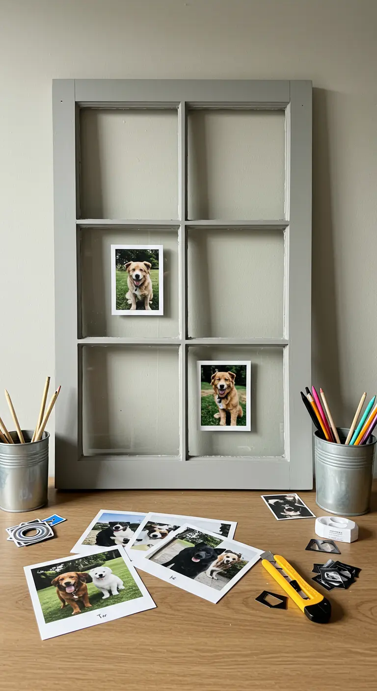 Marco de ventana gris con solo dos fotos de un perro, creando un look minimalista.