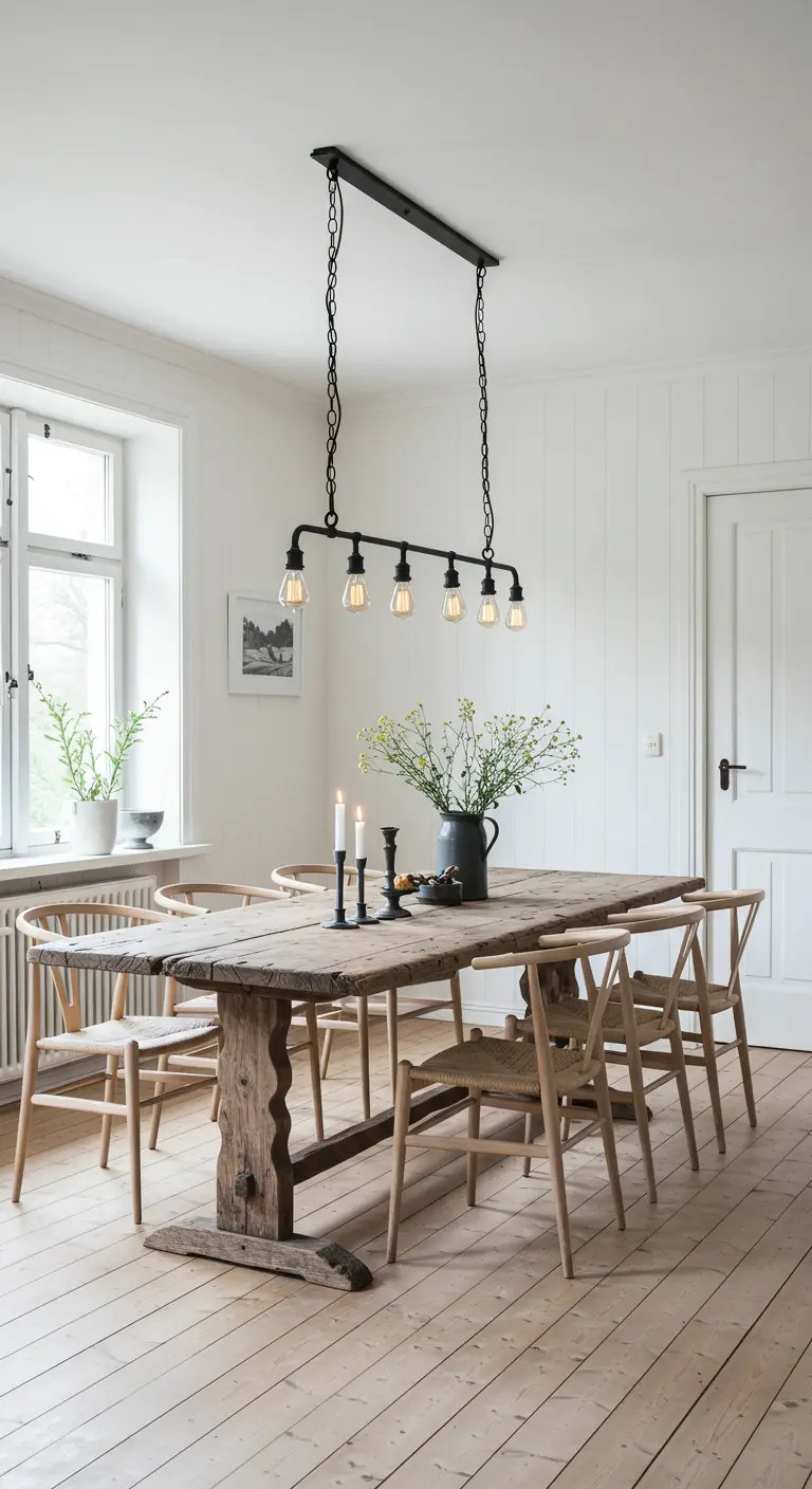 Comedor luminoso de estilo farmhouse escandinavo con mesa de madera envejecida y lámpara lineal