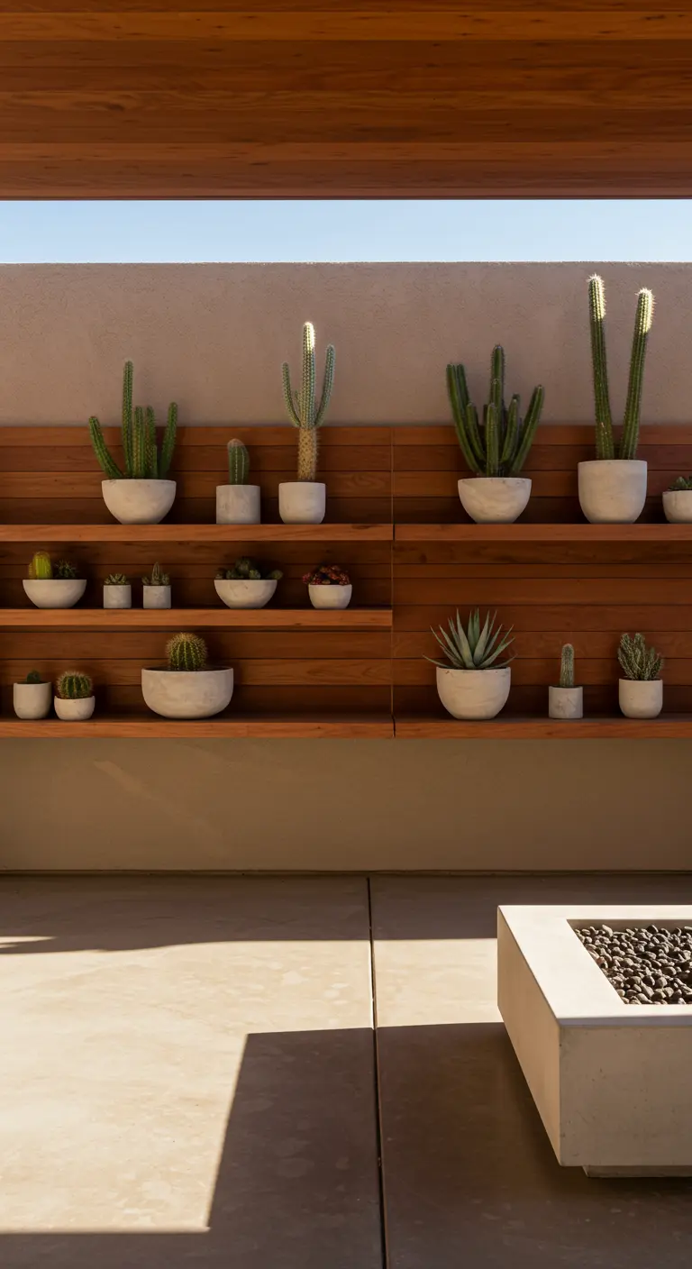 Estantes flotantes de madera en una pared de hormigón, con una colección de cactus y suculentas.
