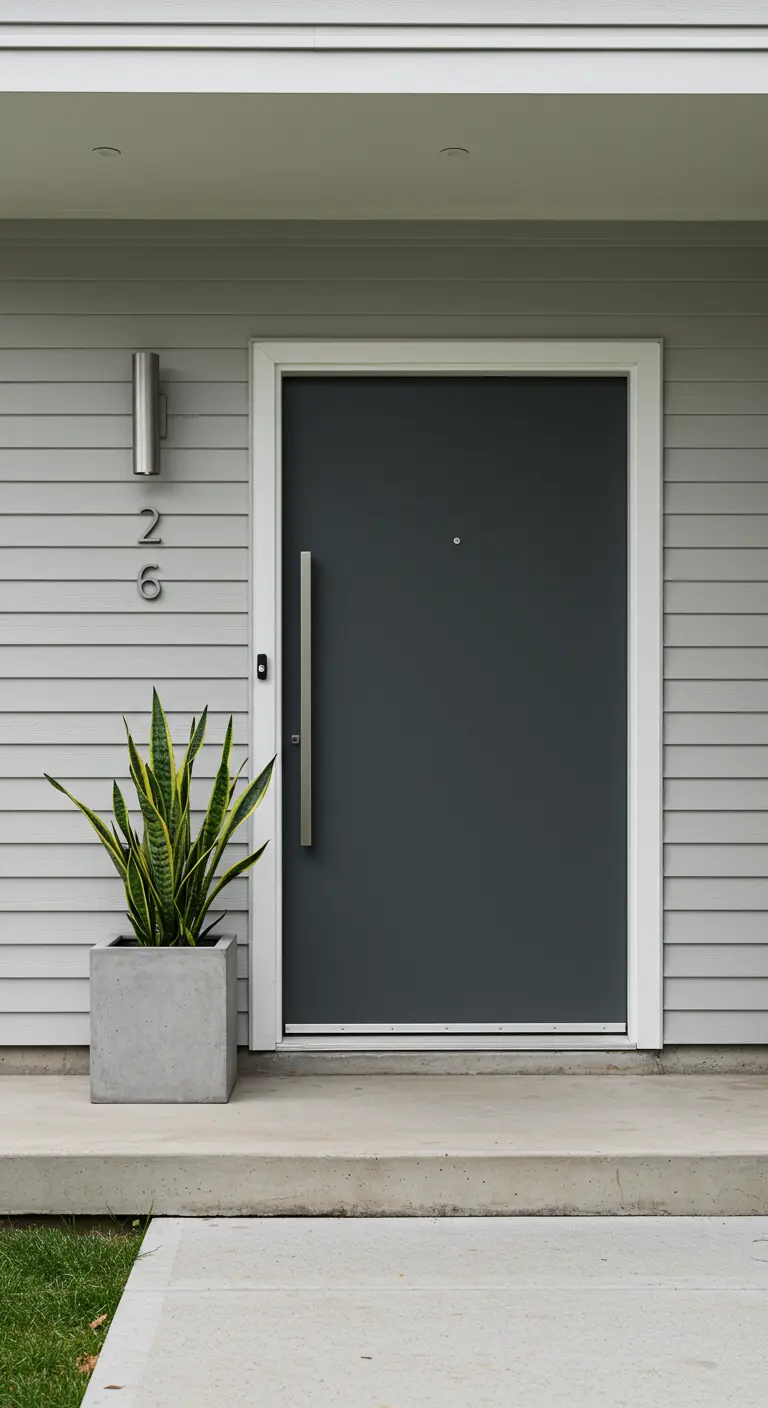 Entrada minimalista con puerta gris moderna, macetero de cemento y números de casa verticales.