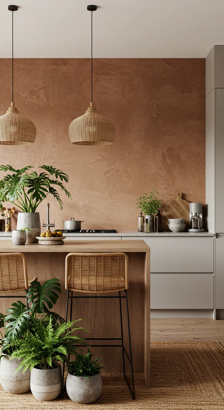Cocina minimalista con una pared de estuco texturizado en terracota y lámparas de mimbre.