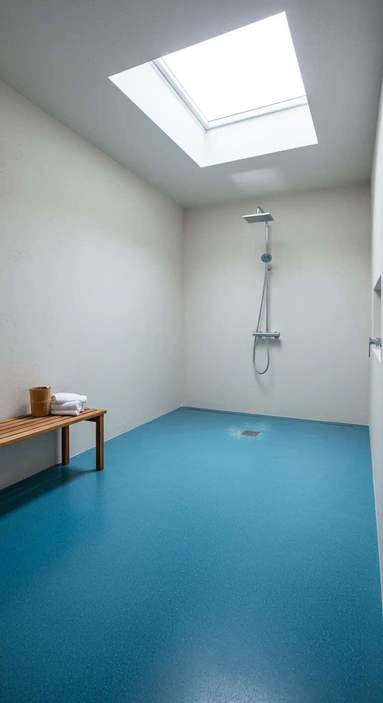 Baño minimalista tipo 'wet room' con suelo continuo de color azul y un tragaluz