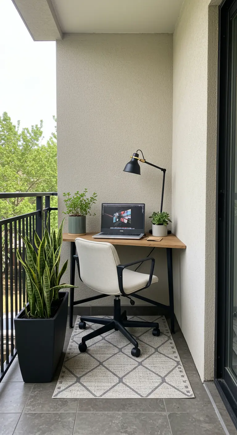Rincón de trabajo moderno y minimalista en un balcón, con escritorio, silla ergonómica y planta