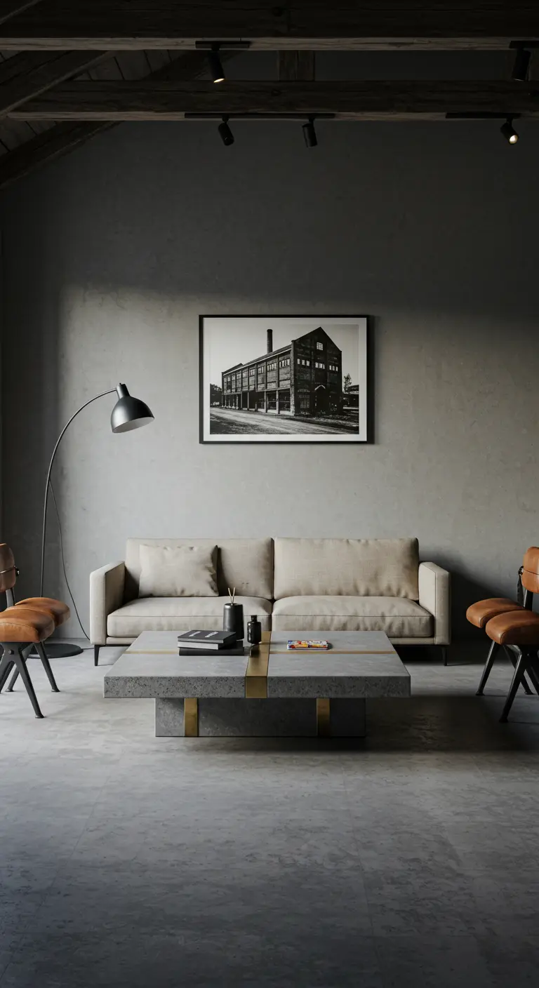 Sala de estar industrial minimalista con sofá beige, mesa de hormigón y fotografía en blanco y negro.
