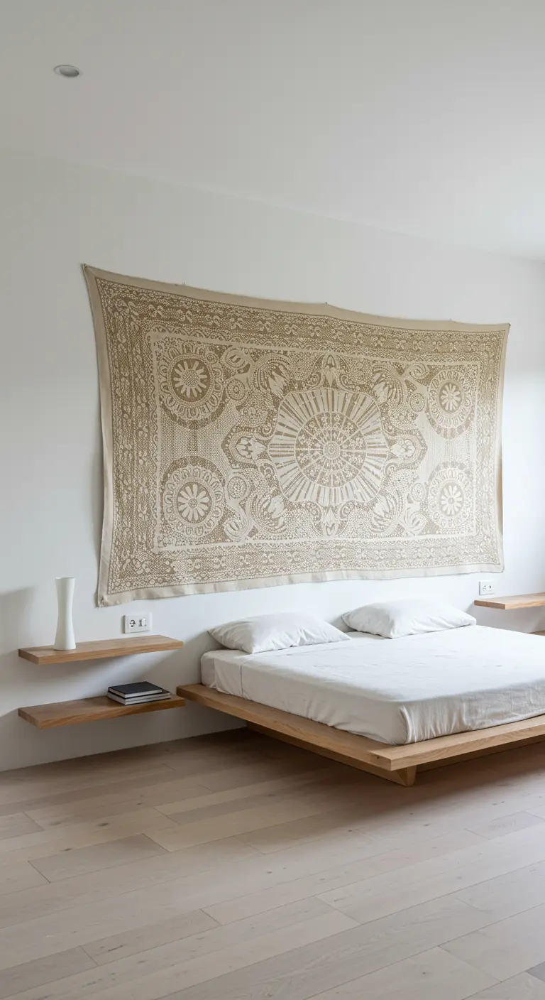 Dormitorio minimalista con un gran tapiz de pared en tonos crudos sobre una cama de plataforma baja.