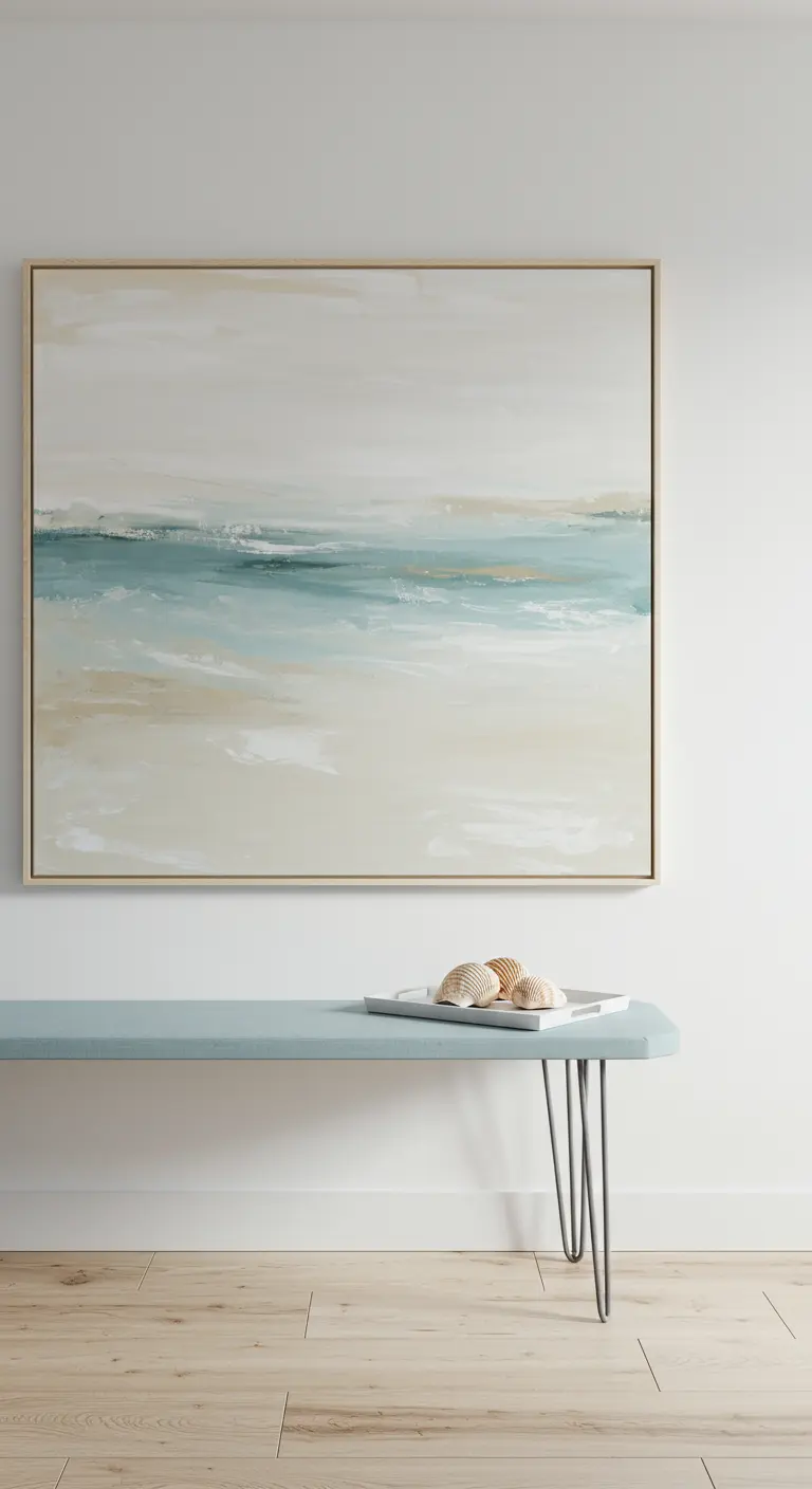 Banco minimalista azul claro bajo un gran cuadro abstracto de una marina.