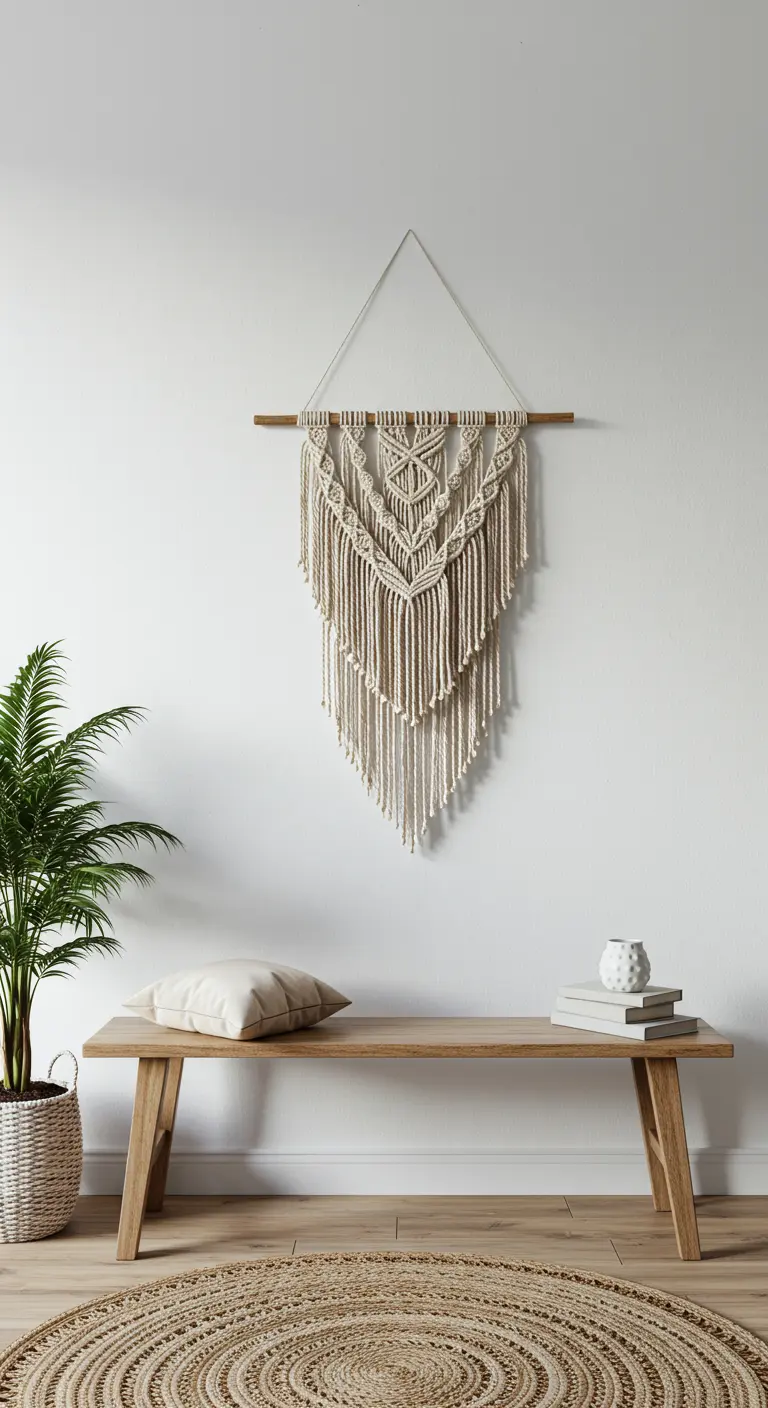 Tapiz de macramé de diseño minimalista colgado sobre un banco de madera en un recibidor luminoso.