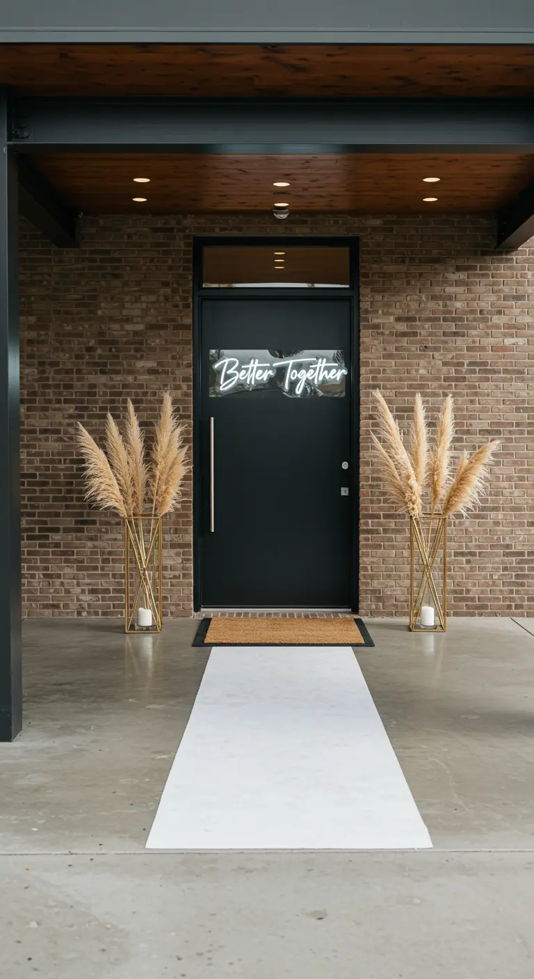 Puerta de entrada moderna con un letrero de neón que dice 'Better Together' y dos jarrones con pampas.