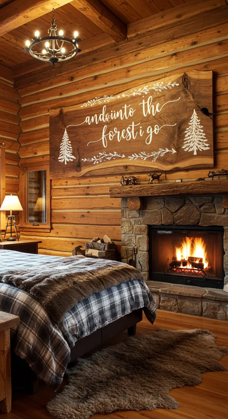 Letrero de madera grande con una frase caligrafiada sobre una chimenea en un dormitorio rústico.
