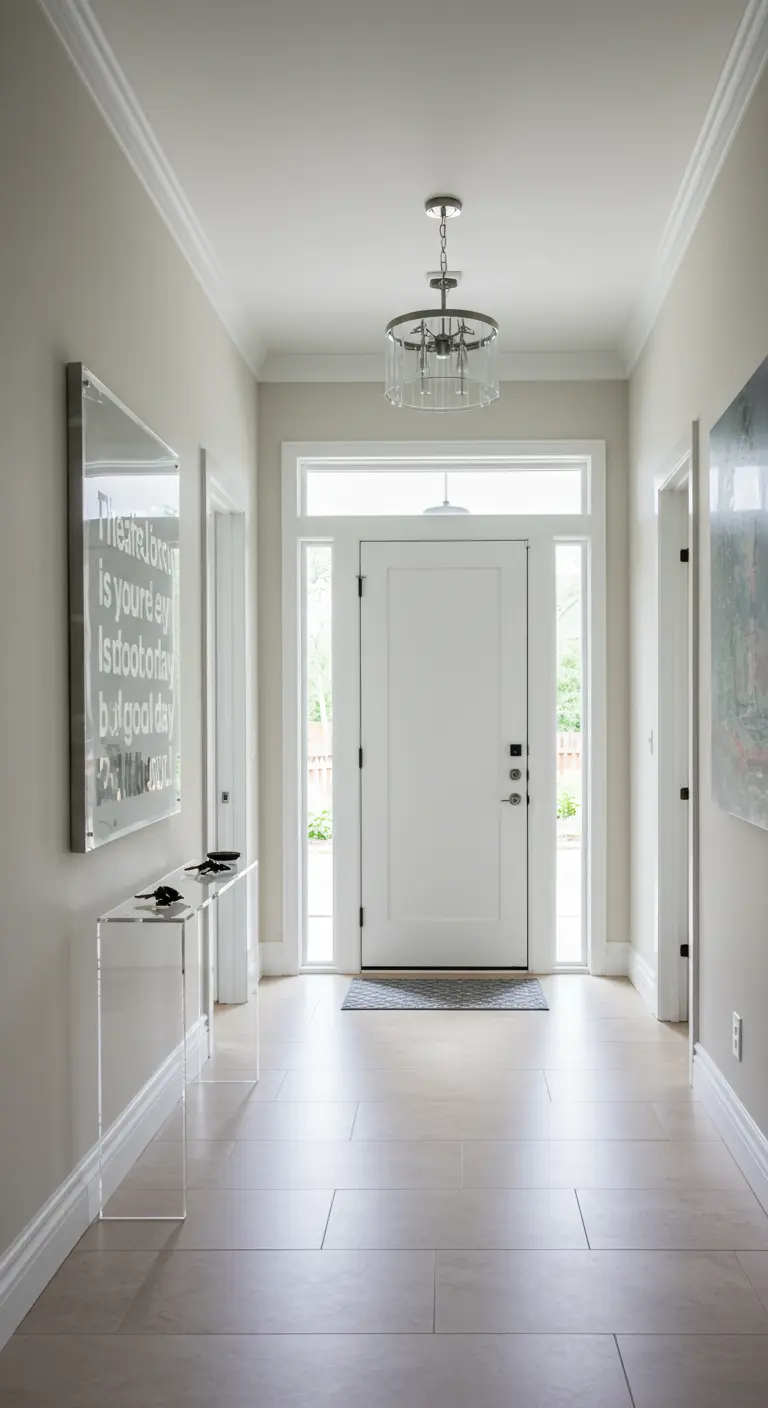 Entrada luminosa y moderna con una consola de acrílico y un cuadro de cristal con texto.