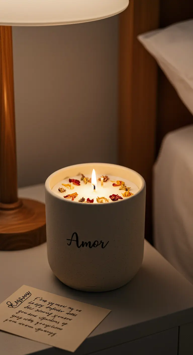 Vela encendida en recipiente cerámico con la palabra Amor.