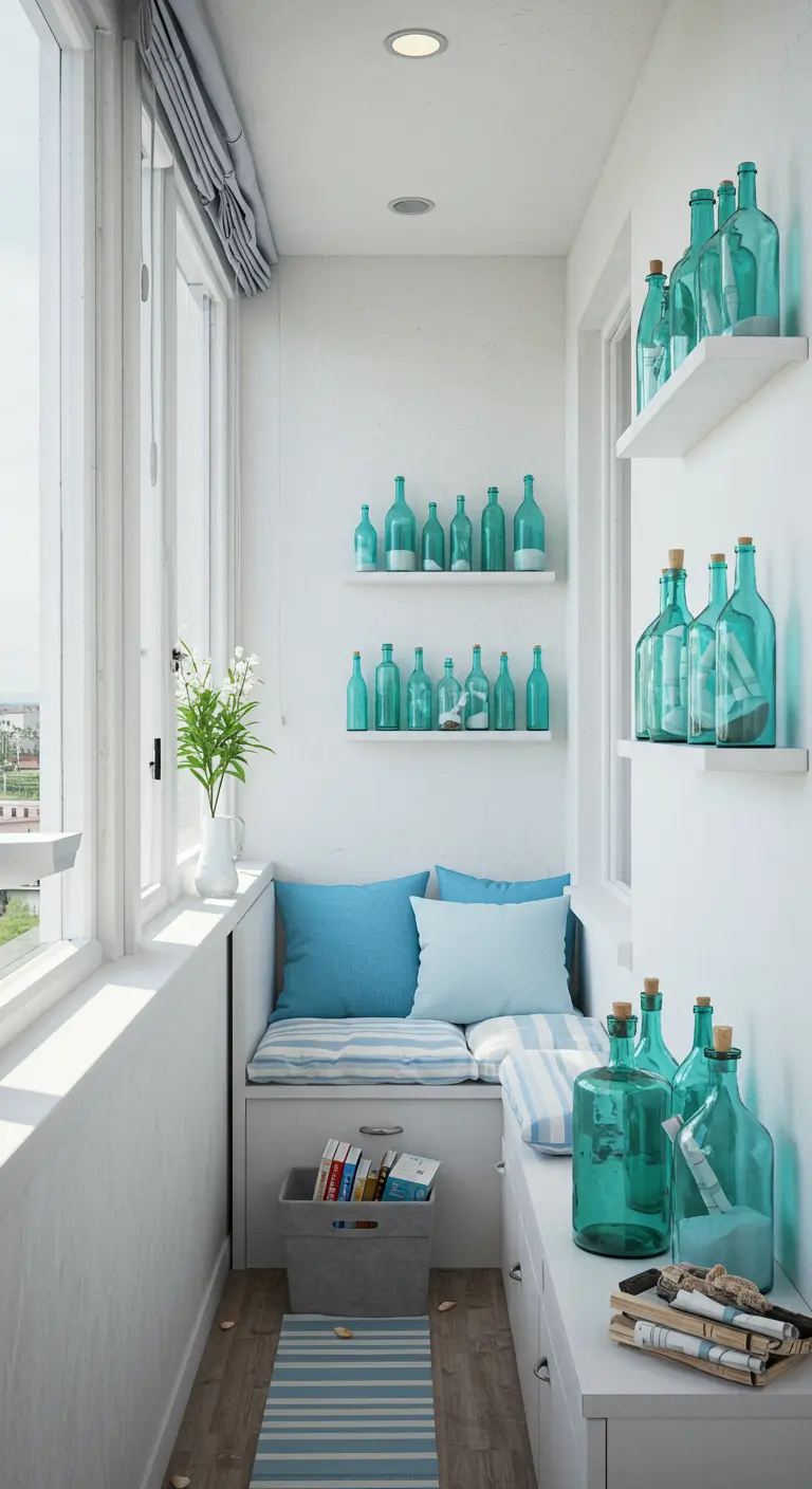 Balcón estrecho y luminoso con estanterías blancas llenas de botellas de cristal azul y verde.