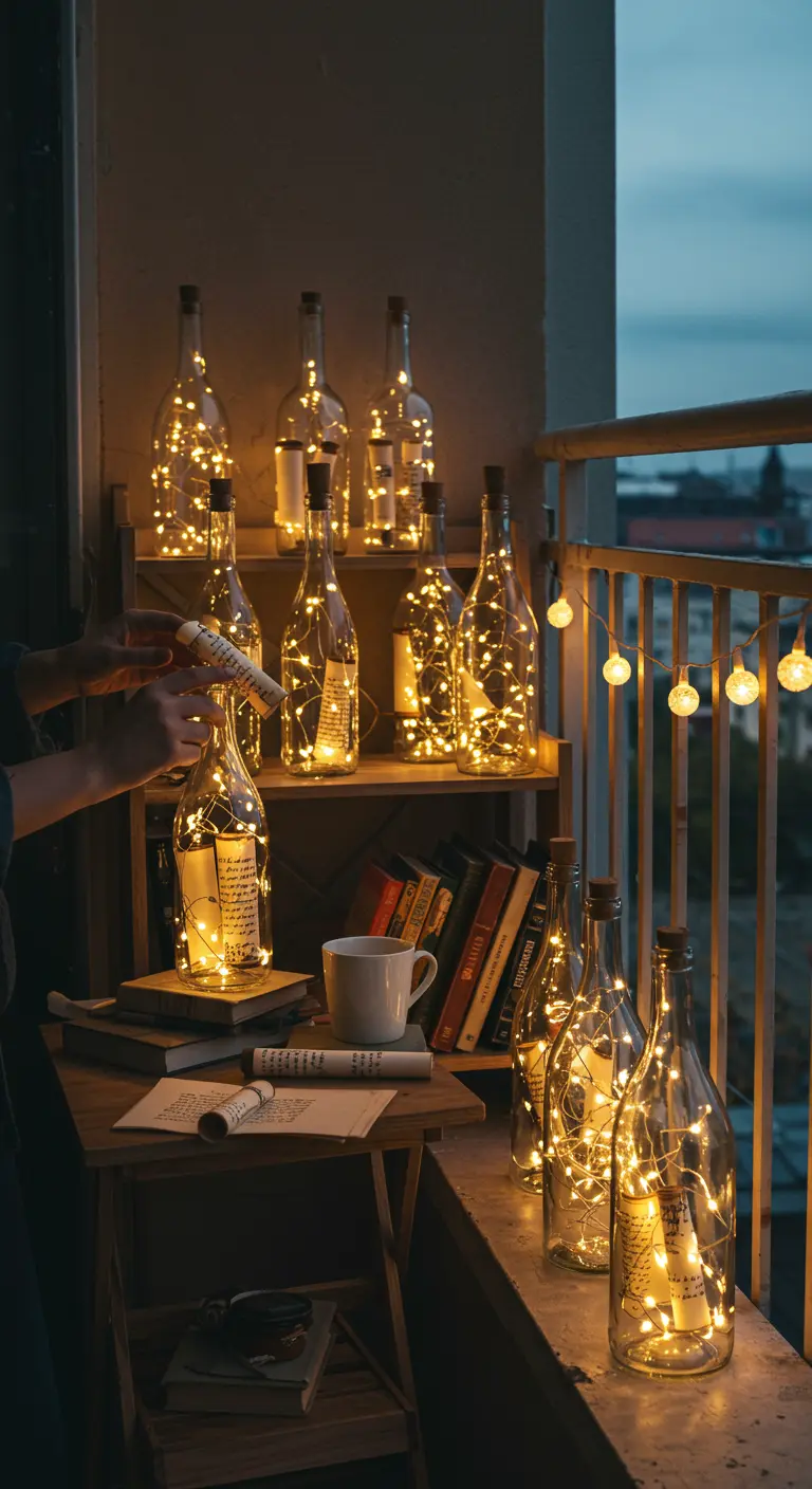 Botellas de vino reutilizadas como lámparas, con luces de hadas y mensajes enrollados en su interior.