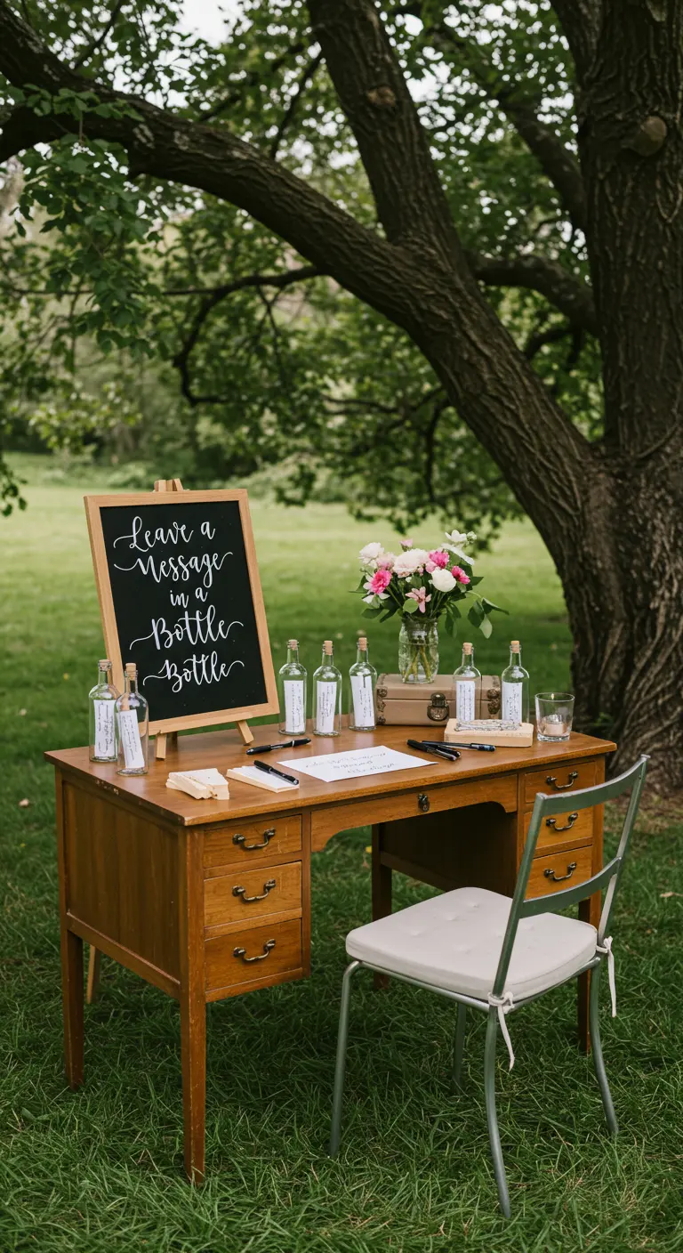Estación de libro de visitas con botellas para que los invitados dejen mensajes escritos.