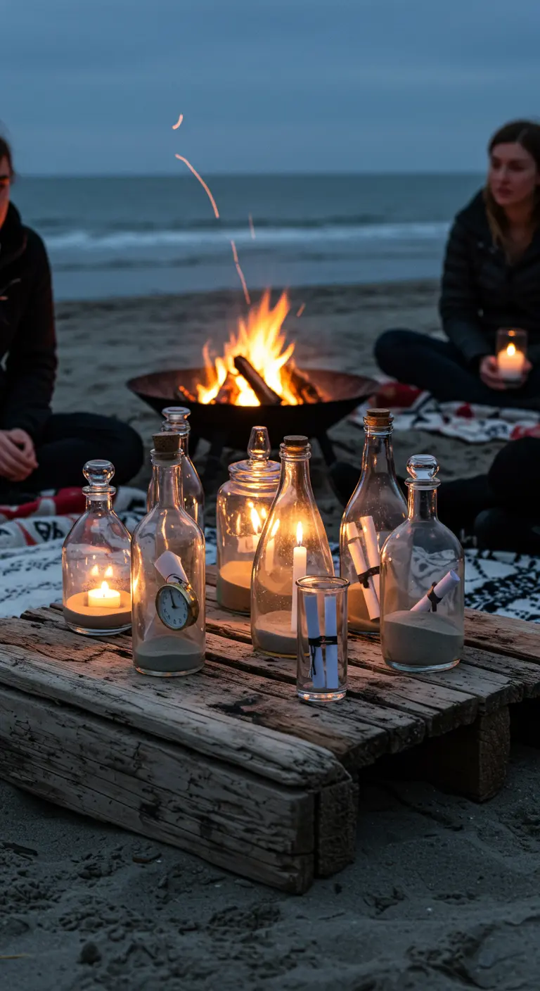 Botellas de vidrio con relojes, mensajes y velas dentro, agrupadas sobre un palé en la playa.