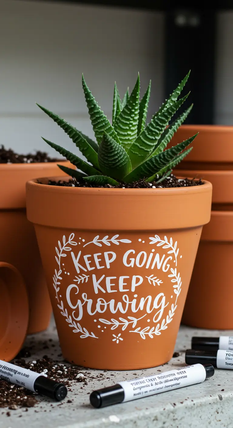 Maceta de terracota con una planta y la frase 'Keep going, keep growing' pintada en blanco.