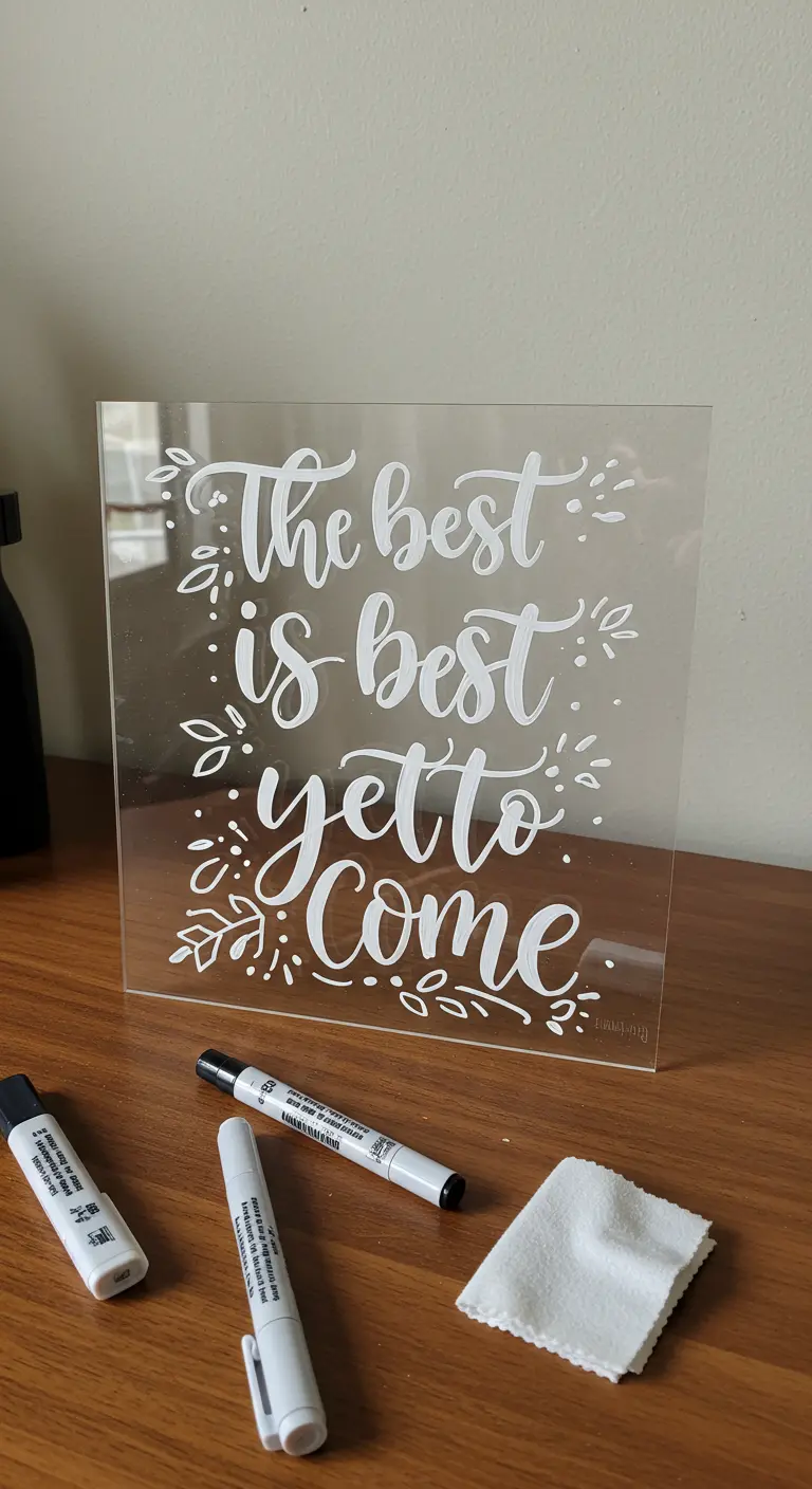 Lámina de metacrilato transparente con una frase inspiradora pintada en blanco.