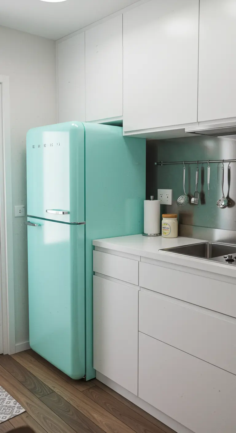 Cocina minimalista blanca con un frigorífico retro verde menta como único punto de color.