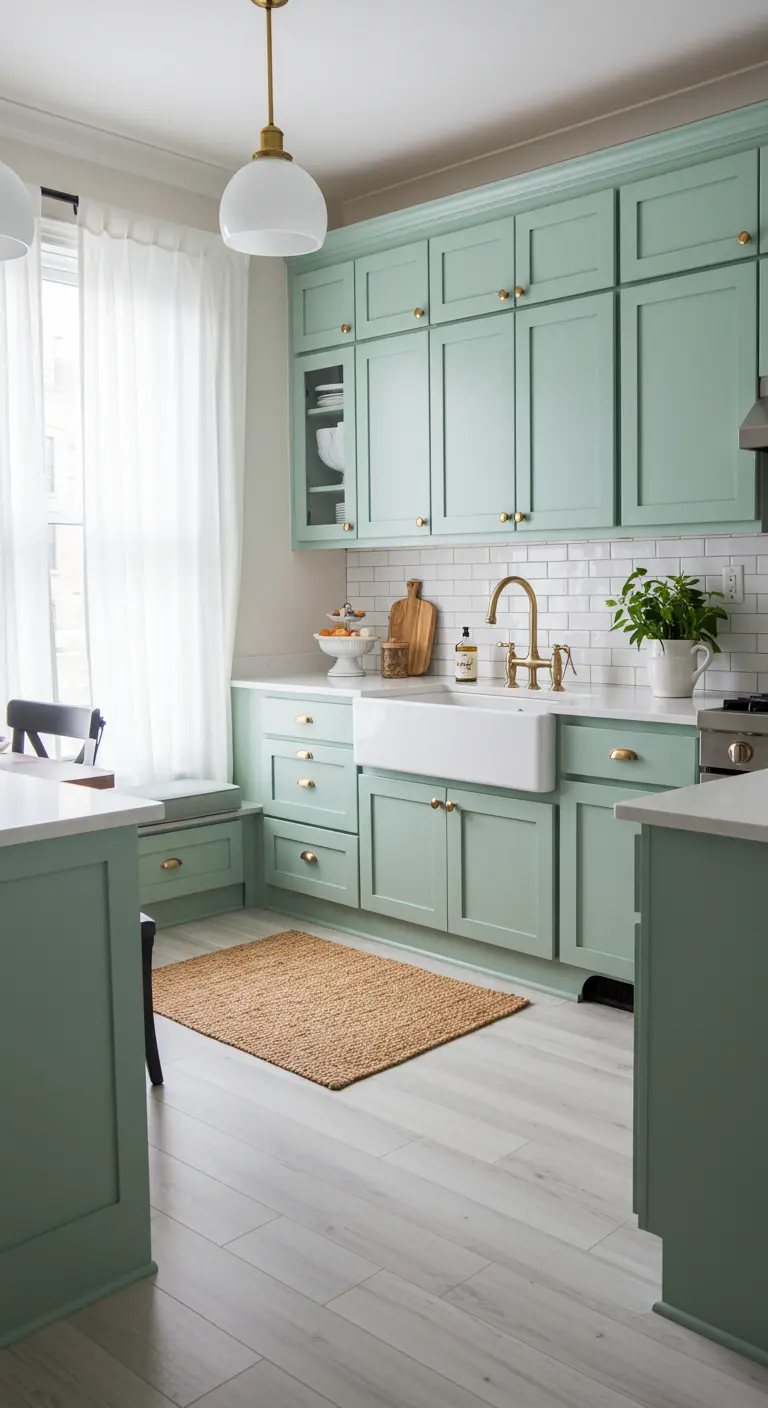Cocina farmhouse en color verde menta con herrajes dorados y un rincón de desayuno junto a la ventana