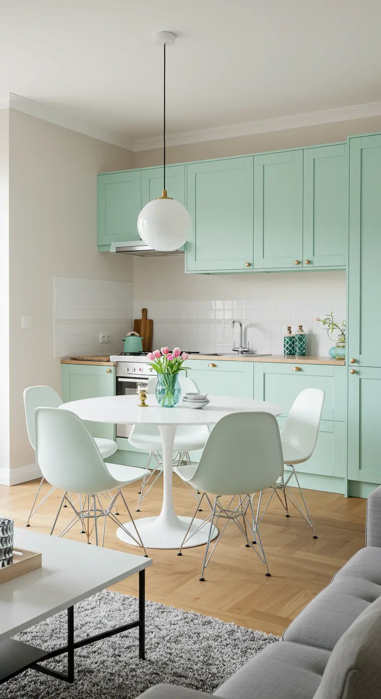 Cocina abierta minimalista con muebles color menta y comedor blanco.