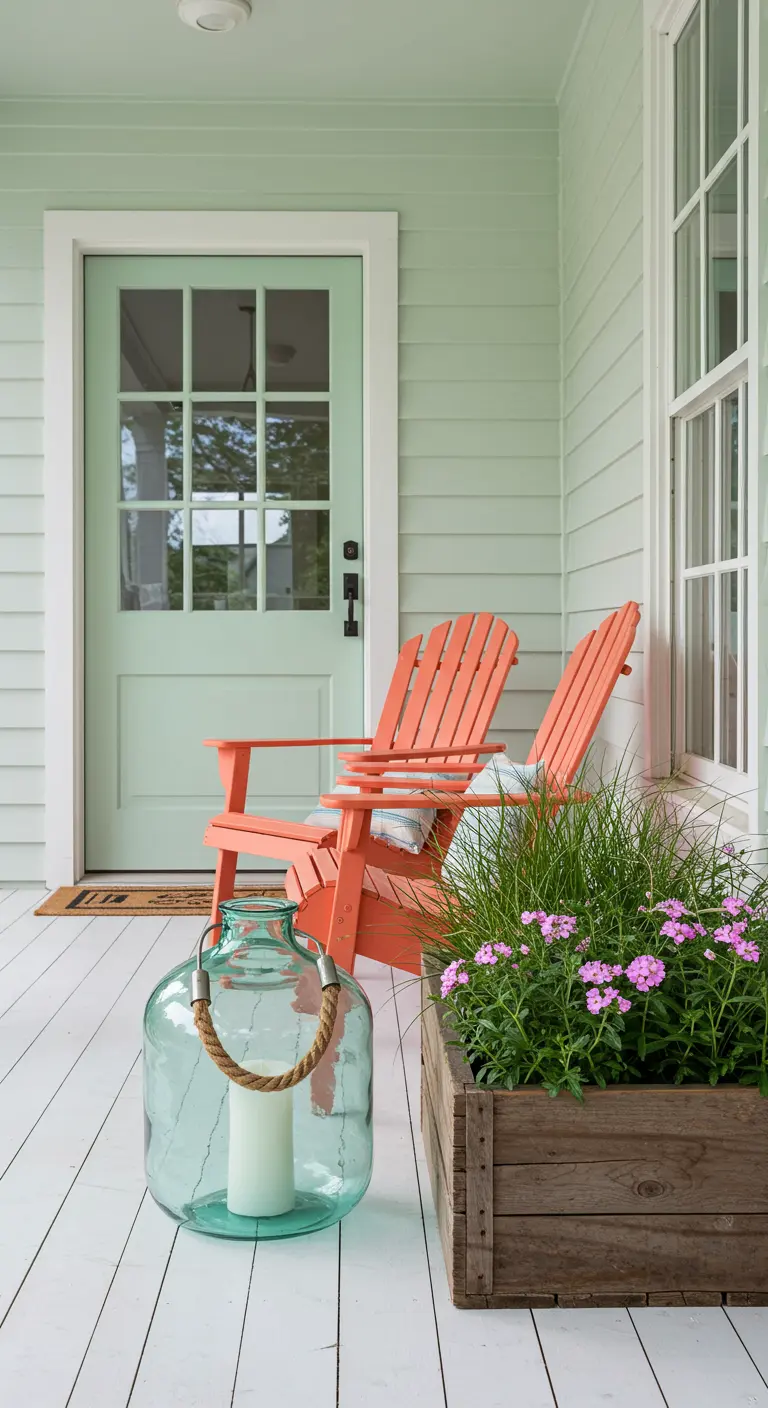 Porche verde menta con sillas Adirondack color coral y una jardinera de madera.