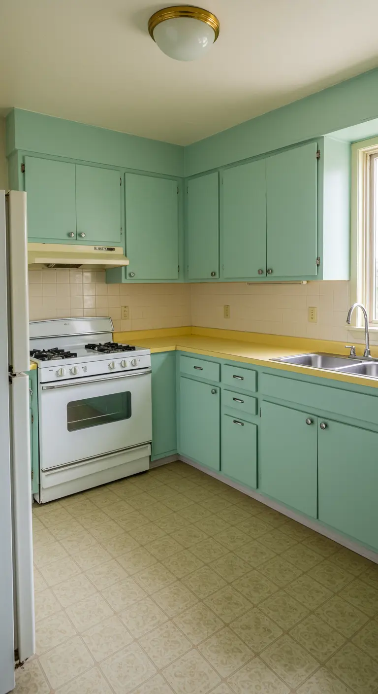 Cocina menta de estilo sencillo con una encimera de color amarillo pastel.