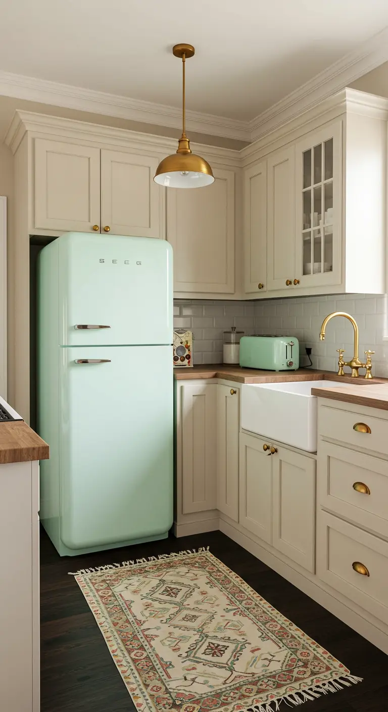 Cocina elegante con frigorífico retro verde menta, armarios crema y grifería dorada.