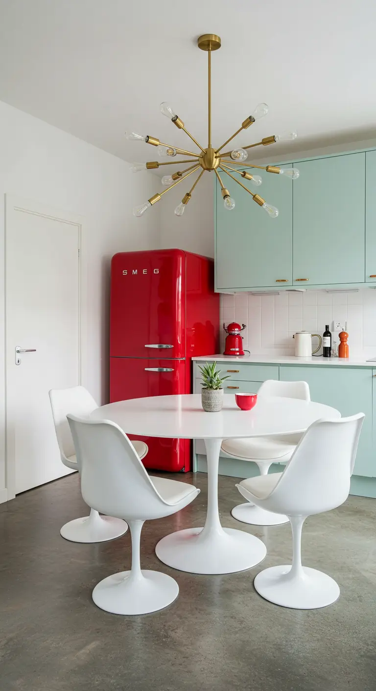 Cocina menta con frigorífico rojo brillante, lámpara Sputnik y mesa Tulip blanca.