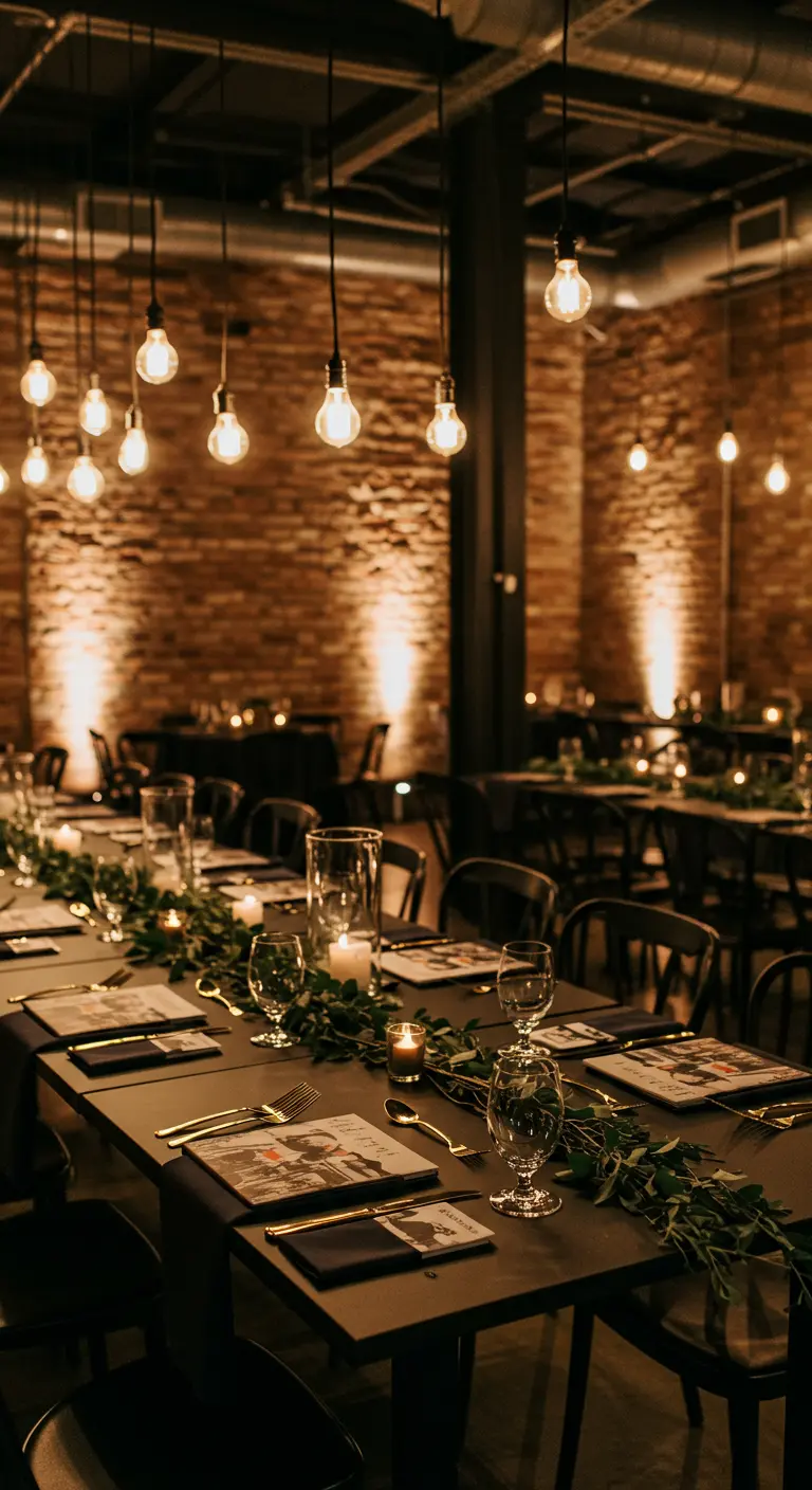 Mesa industrial con menús que llevan una foto de la pareja y guirnaldas de hojas.