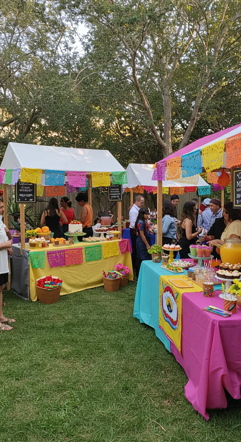 Fiesta en el jardín con puestos de comida tipo mercado, decorados con papel picado de colores.
