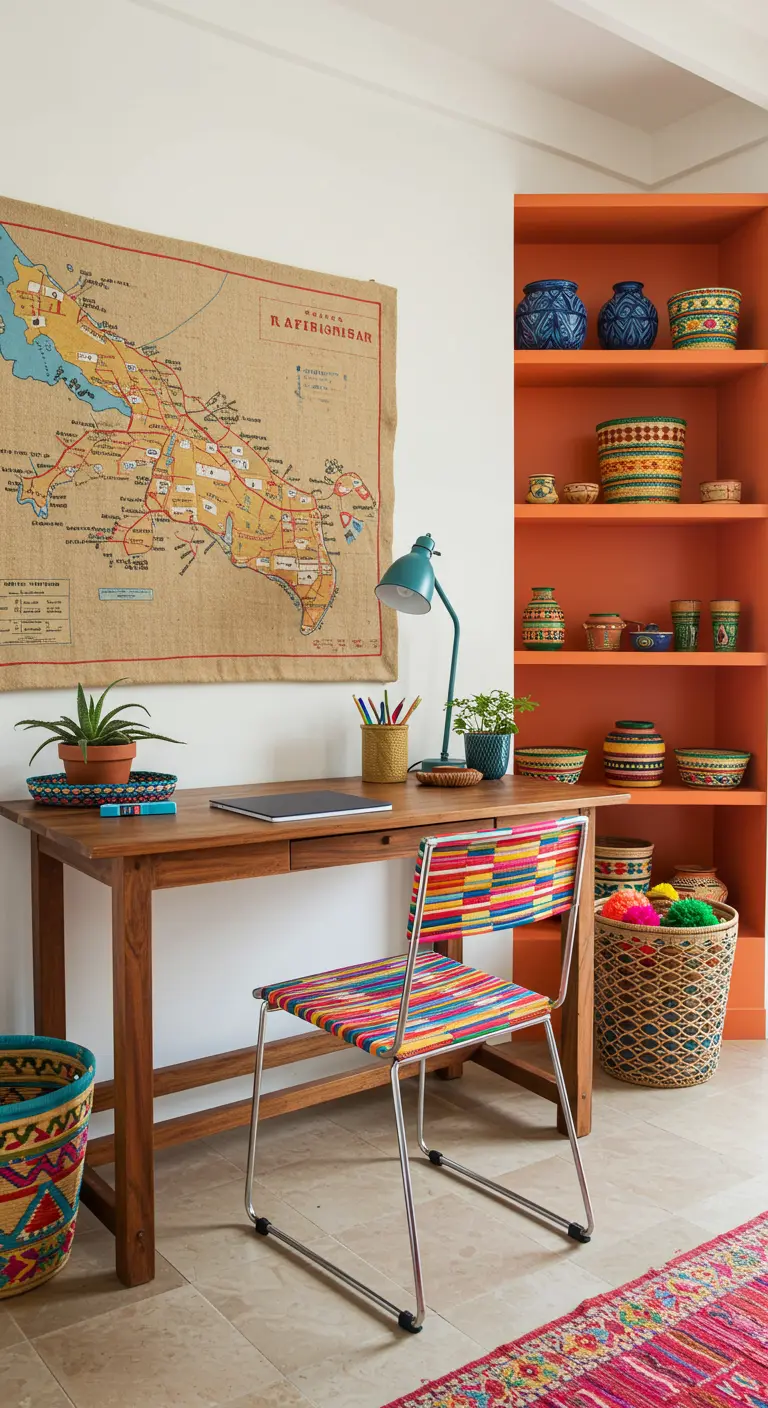 Oficina ecléctica con un tapiz de mapa, estanterías naranjas y una silla con tejido de colores.