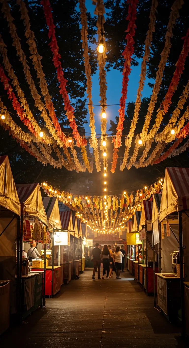 Pasillo de mercado nocturno con guirnaldas de papel y luces colgando entre los puestos.