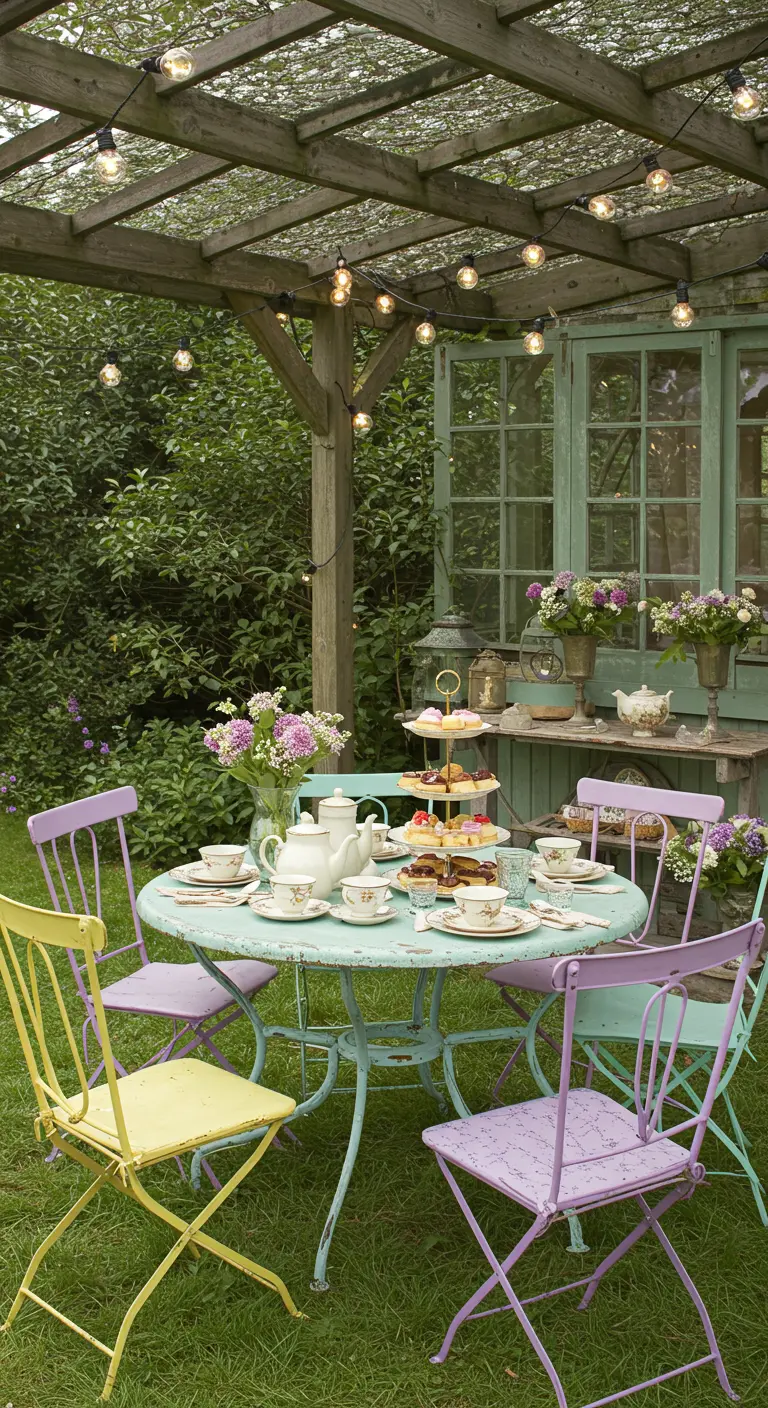 Mesa de jardín con sillas de metal pintadas en colores pastel y flores frescas.