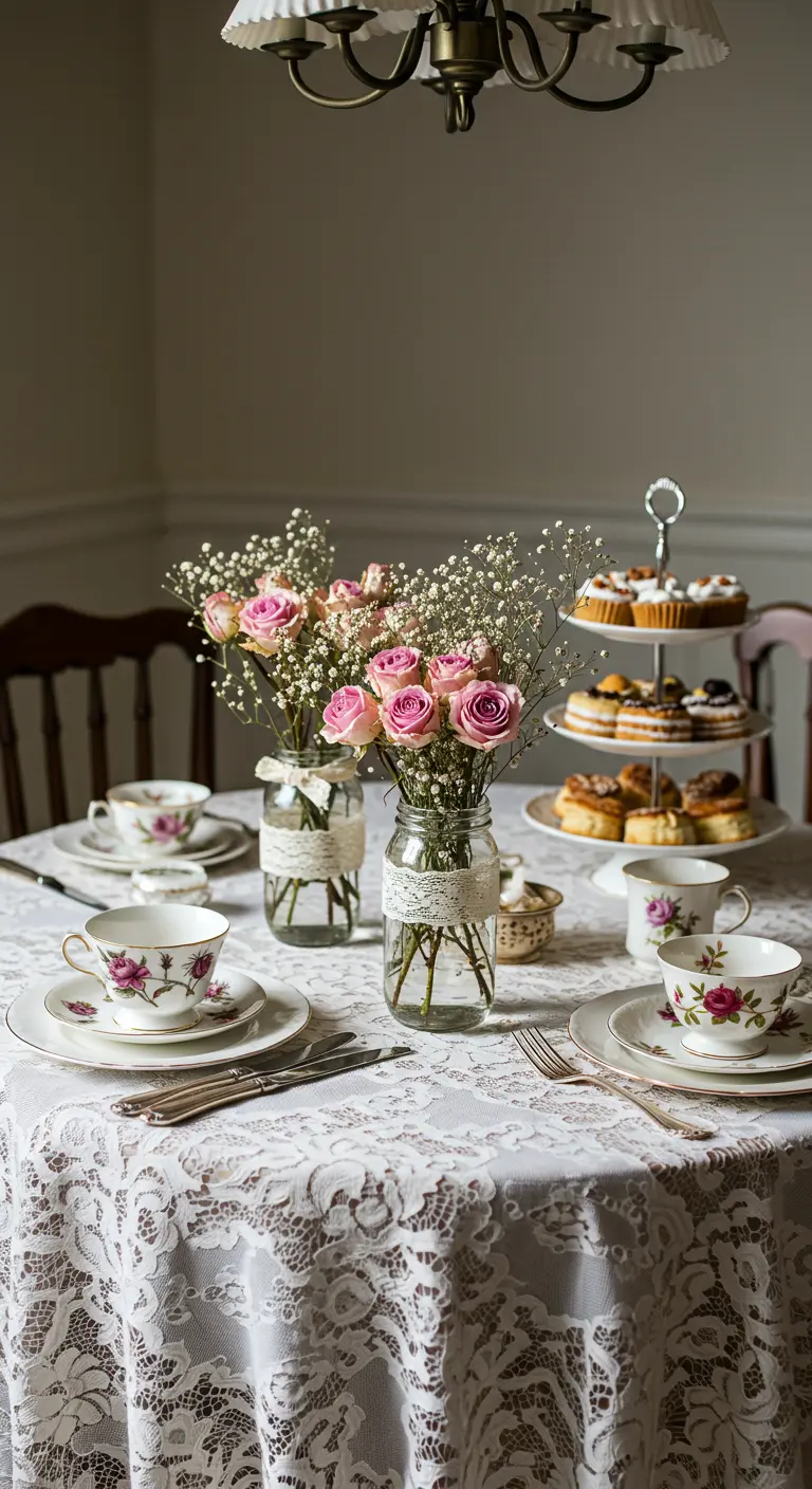 Mesa de té con mantel de encaje, tazas de porcelana y flores rosas en tarros decorados con lazo.