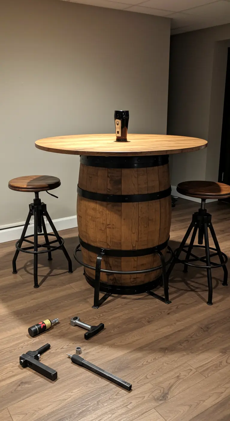 Mesa alta tipo bar con base de barril, tapa redonda de madera y un reposapiés metálico